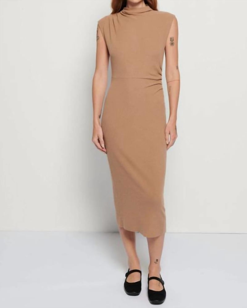 Front of a model wearing a size L Clarisse Draped Dress In Dubai in Dubai by Nation LTD. | dia_product_style_image_id:346435